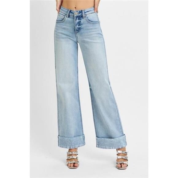 RISEN Full Size Tummy Control High Rise Ankle Wide Cuffed Jeans Plus Size - Picture 3 of 6